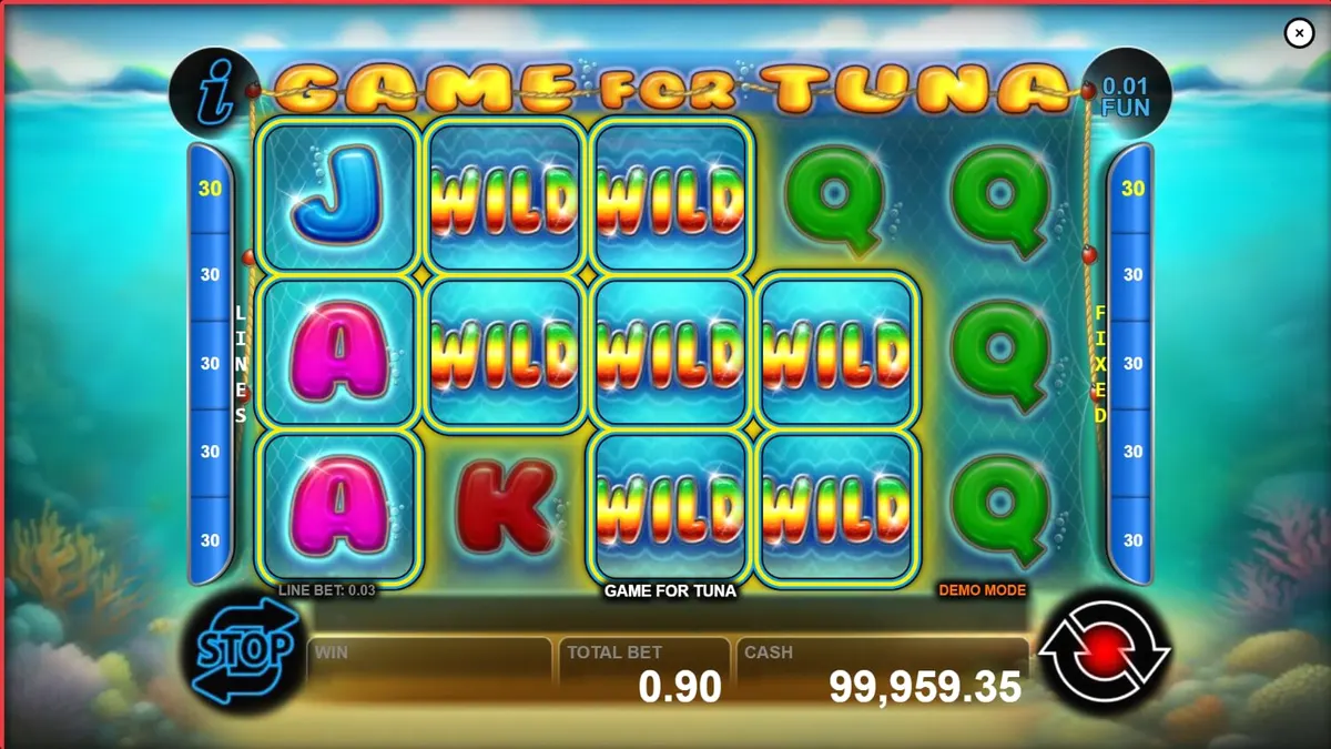 Tampilan visual slot Game For Tuna dengan tema bawah laut dan simbol ikan tuna