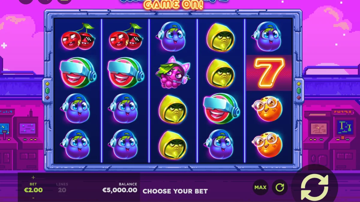 Tampilan visual retro dari slot Frooty Troupe dengan simbol buah pixel art