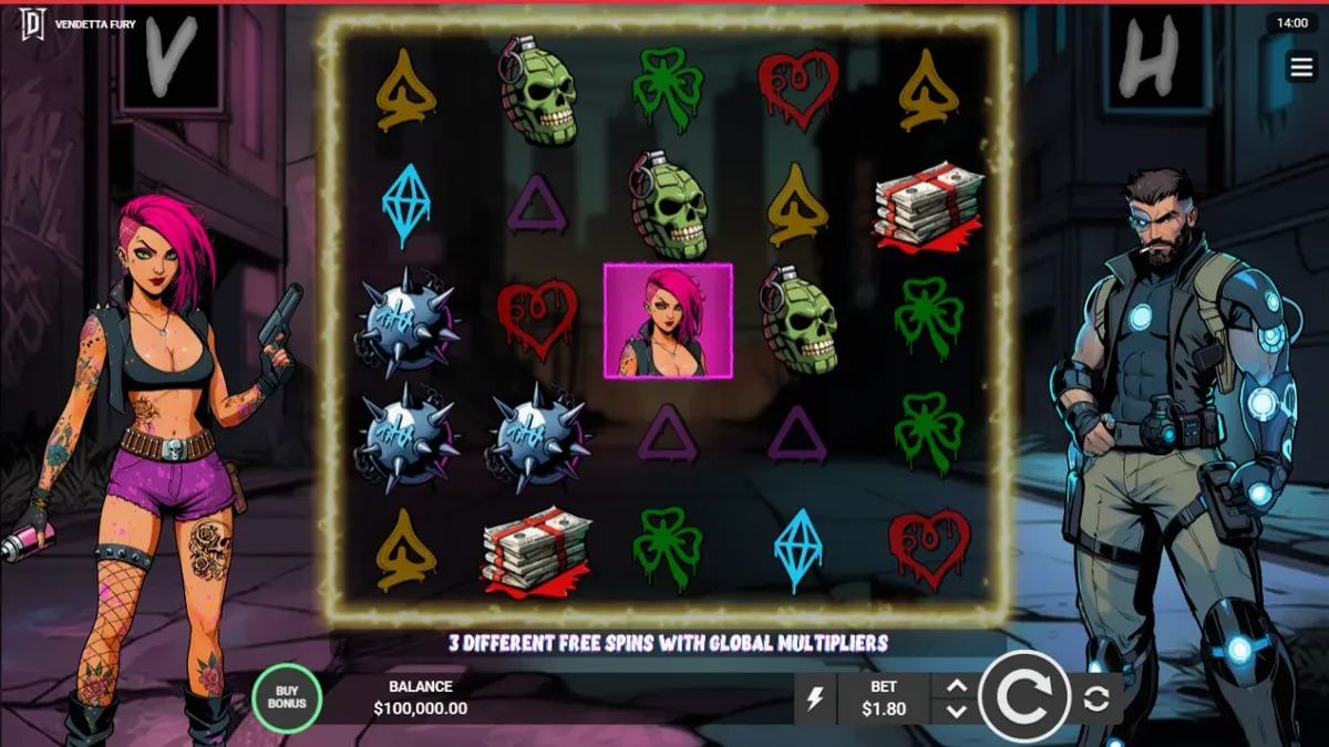 Tampilan layar permainan slot Vendetta Fury dengan tema cyberpunk dystopian dan karakter faksi Vandals dan Havoc.