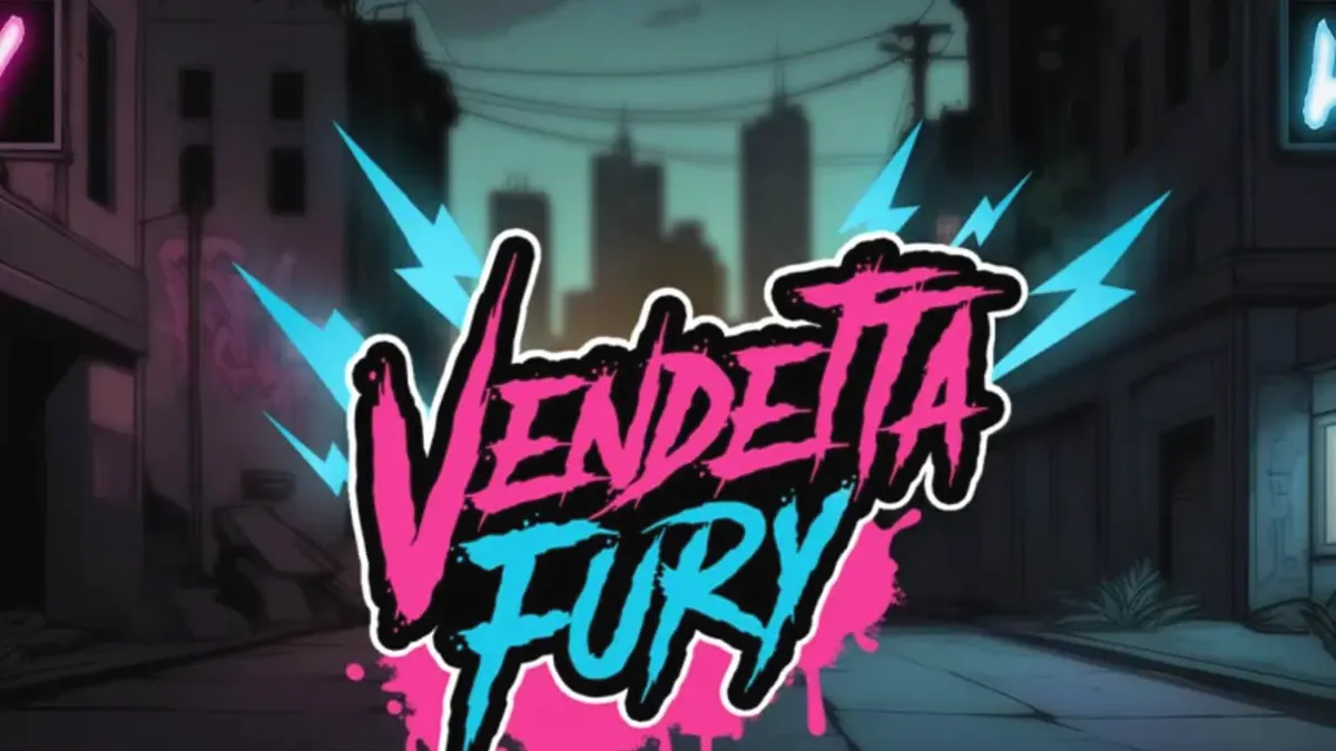 Tampilan layar permainan slot Vendetta Fury dengan tema cyberpunk dan neon
